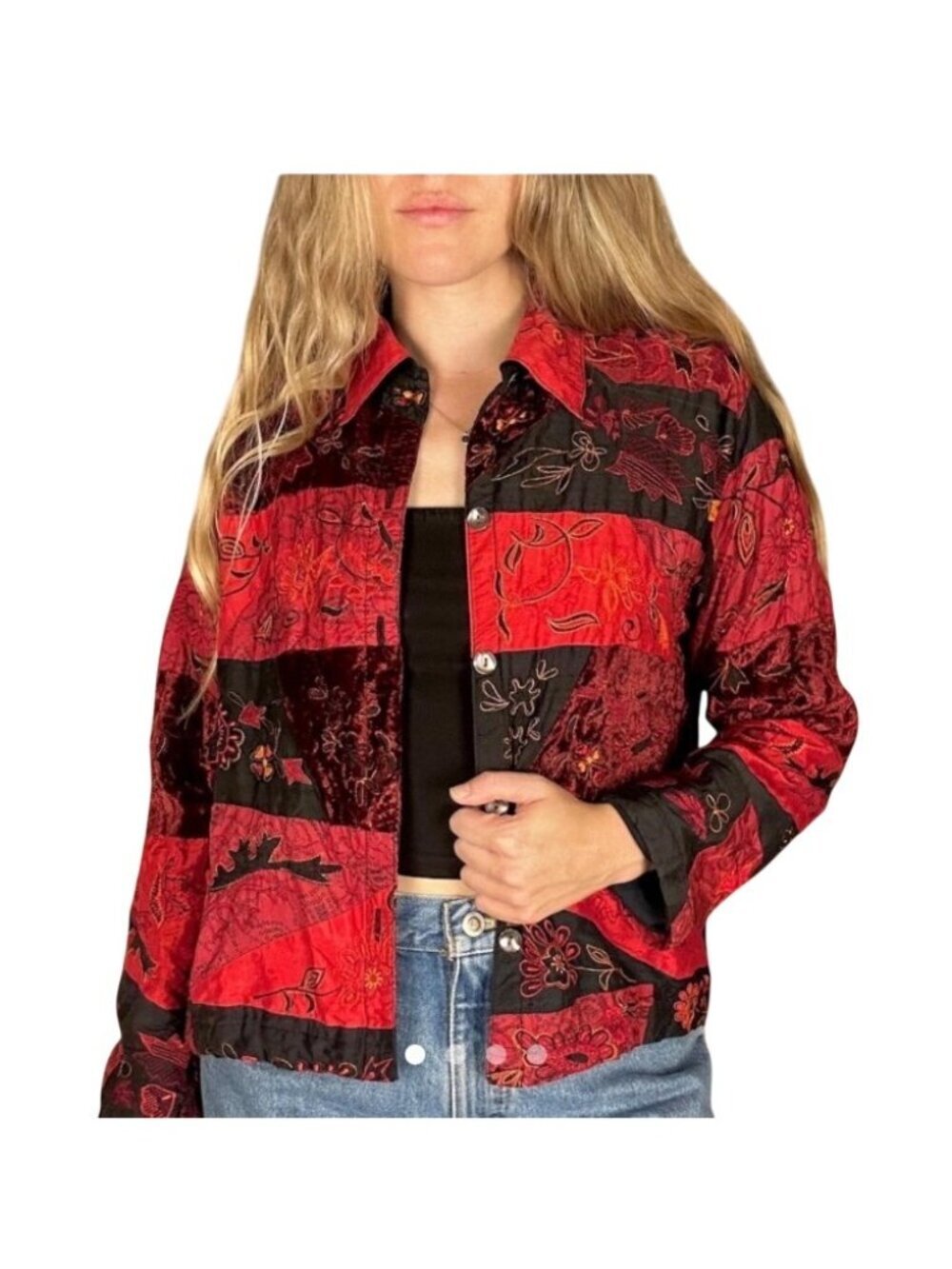 Chicos Design Patchwork Velvet Silk Embroidered Jacket Red & Black Chico’s M